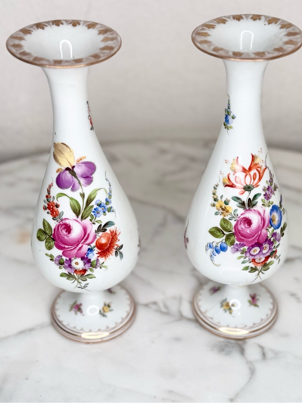 Germany antique Hand Painted Dresden trumpet style. vase pair or candle holders